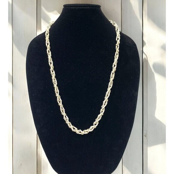 Vintage Braided Faux Pearl Necklace Iridescent Cream White Silver Beads 34"L - Picture 1 of 5
